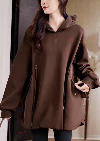 Coffee Hooded Pockets Drawstring Cotton Sweatshirt Fall
