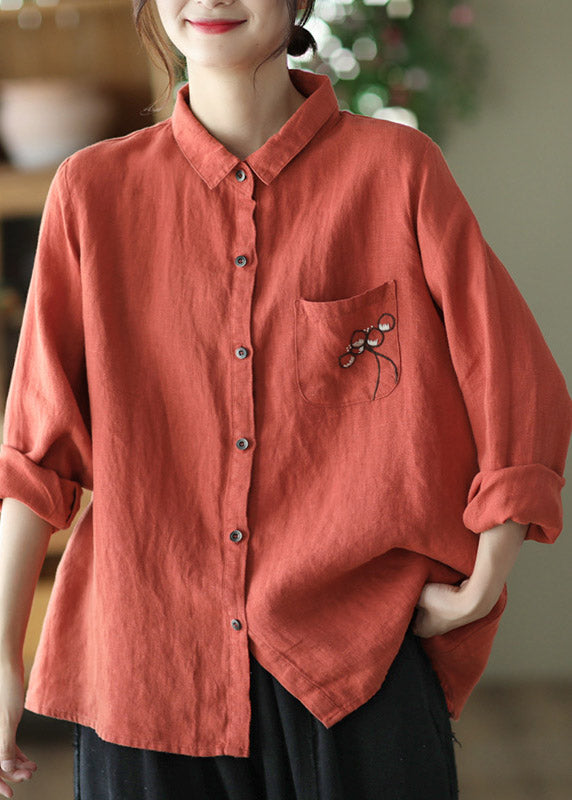 Red Peter Pan Collar Embroideried Button Linen Shirt Long Sleeve
