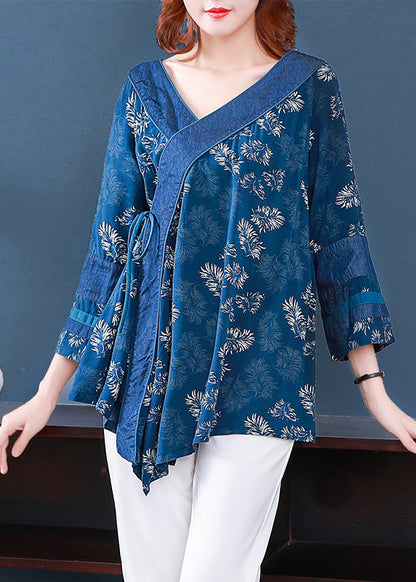 Blue V Neck Asymmetrical Print Cotton Shirt Top Bracelet Sleeve