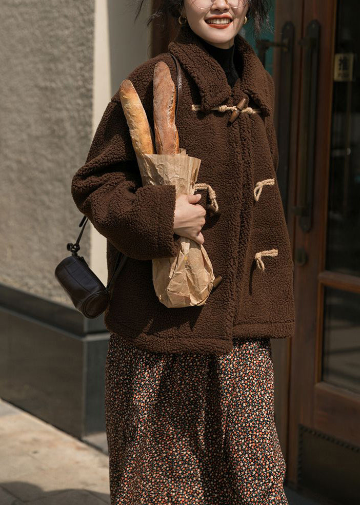 Chocolate Horn Button Thick Cashmere Teddy Coat Winter