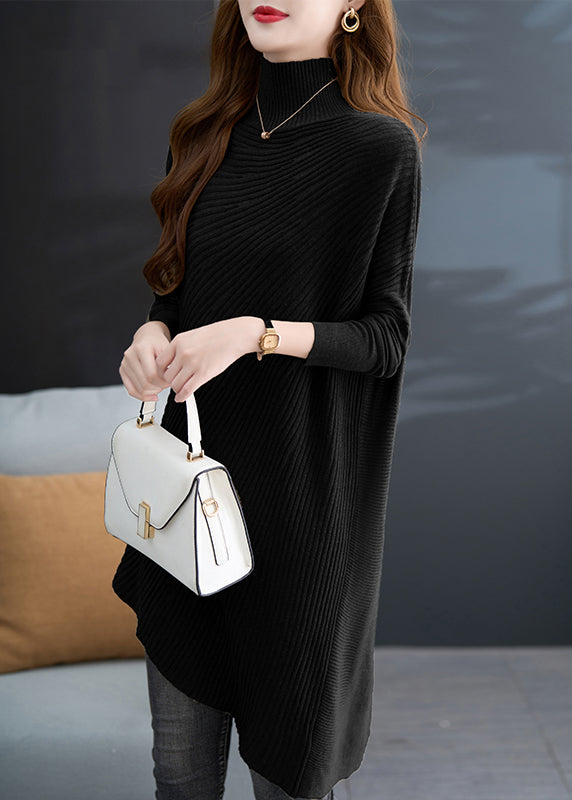 Khaki Green Hign Neck Asymmetrical Knit Sweater Fall