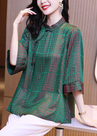 Green Stand Collar Oriental Button Plaid Jacquard Silk Shirt Tops Bracelet Sleeve