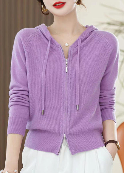 Red Zip Up Wool Knit Hooded Cardigans Spring