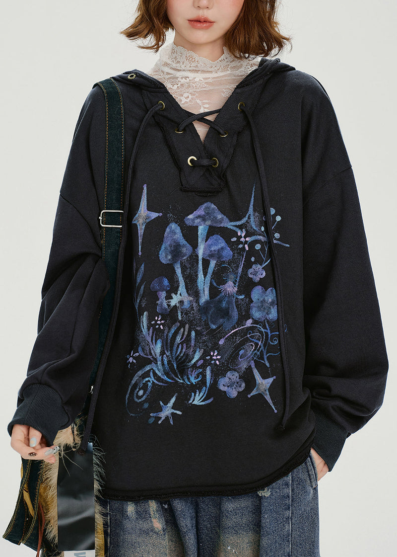 Dark Grey Hooded Print Cotton Pullover Sweatshirt Spring