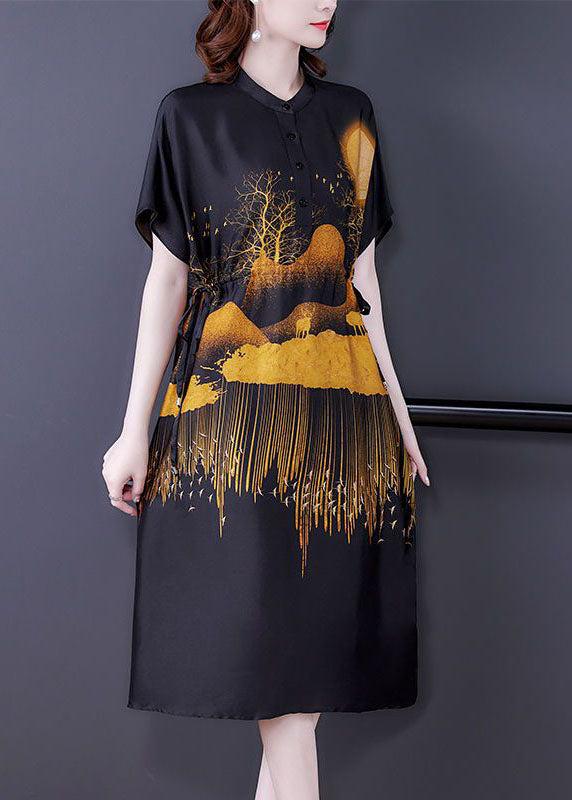Diy Black Stand Collar Drawstring Print Silk Dresses Summer