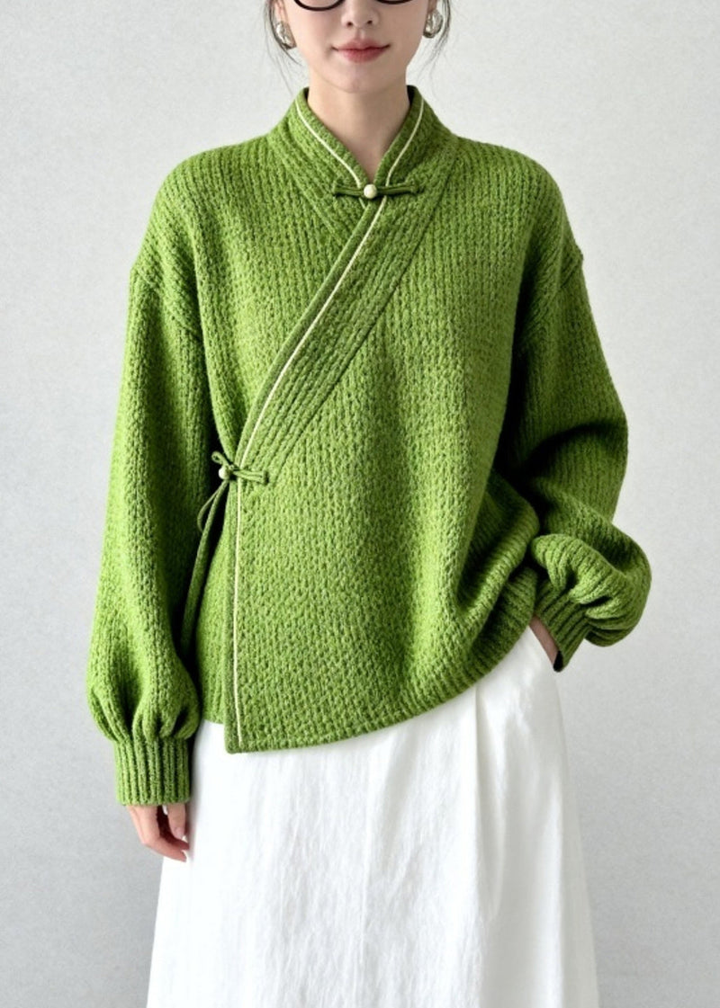 Grass Green Thick Knit Oriental Sweater Tops Winter