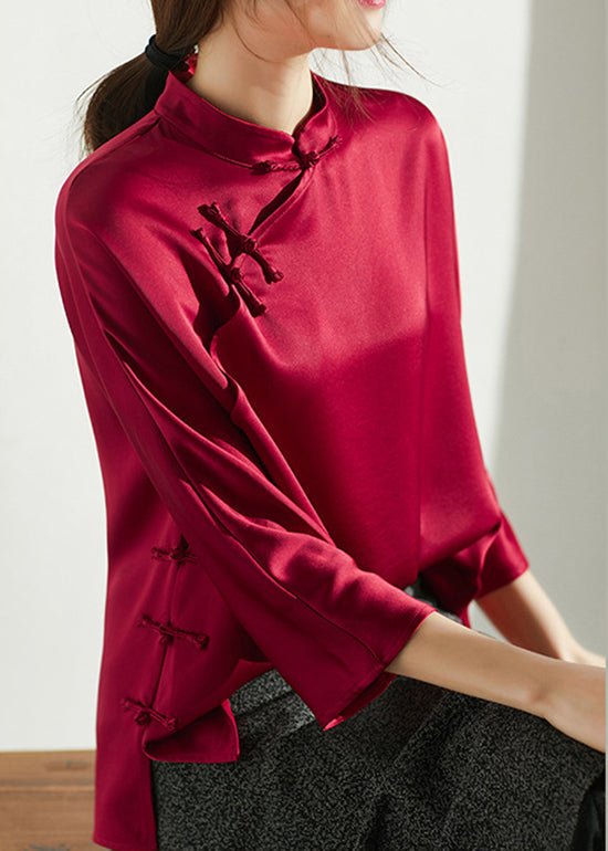Fine Red Mandarin Collar Side Open Silk Shirt Three Quarter Sleeve