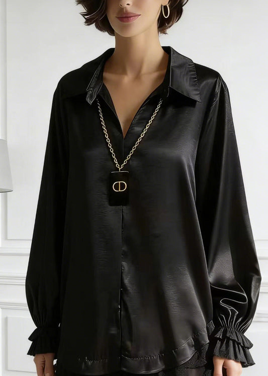 Black Peter Pan Collar Lace Patchwork Silk Shirt Tops Spring
