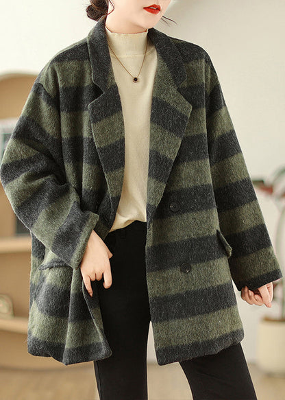 Green Peter Pan Collar Plaid Fine Cotton Filled Woolen Coats Winter