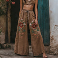 Women's Vintage Floral Embroidered Pattern Loose Linen Blend Pants artswardrobe