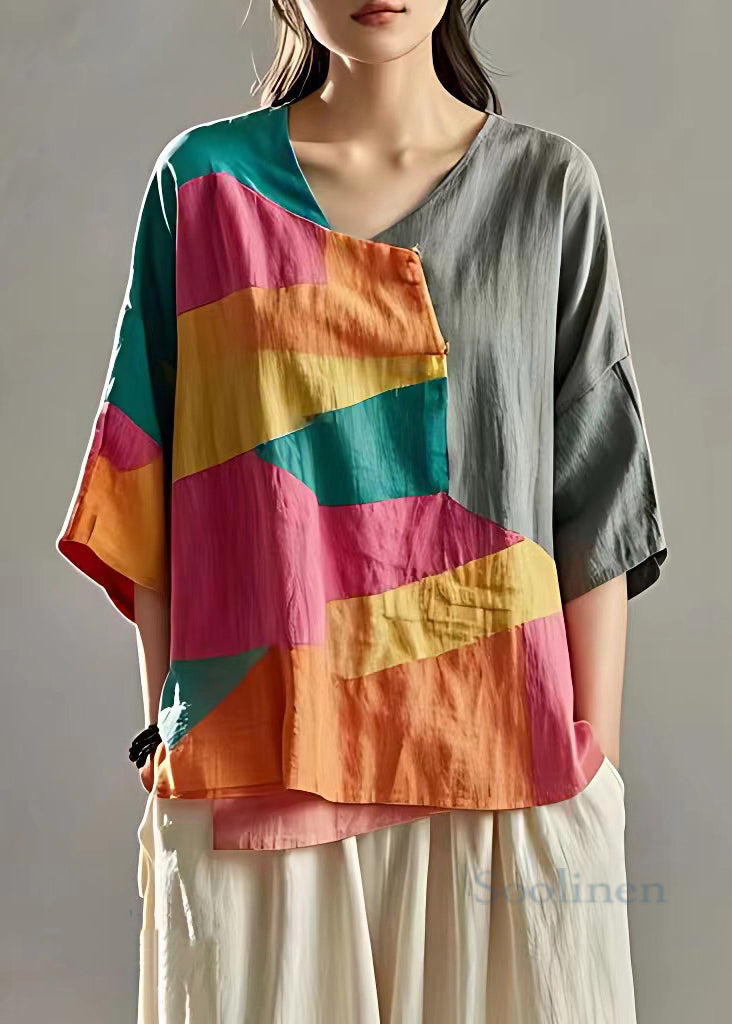 New Grey Asymmetrical Patchwork Linen T Shirts Summer