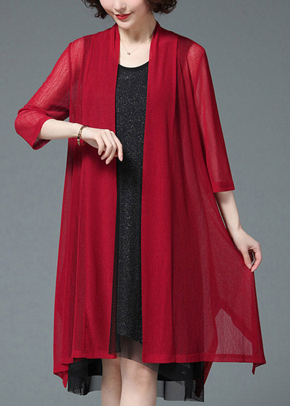 Baggy Red Upf 50+ Knit Beach Cardigan Three Quarter Sleeve