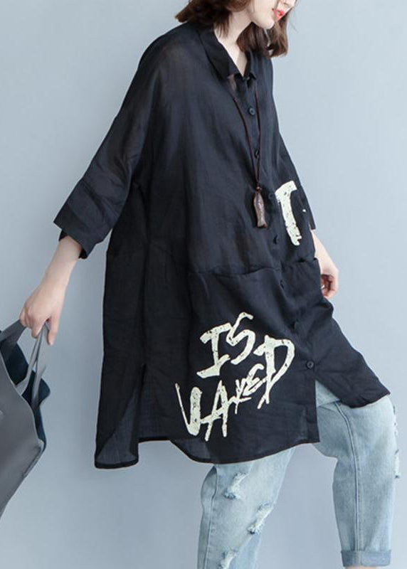 Black Peter Pan Collar Graphic Cotton Shirts Summer