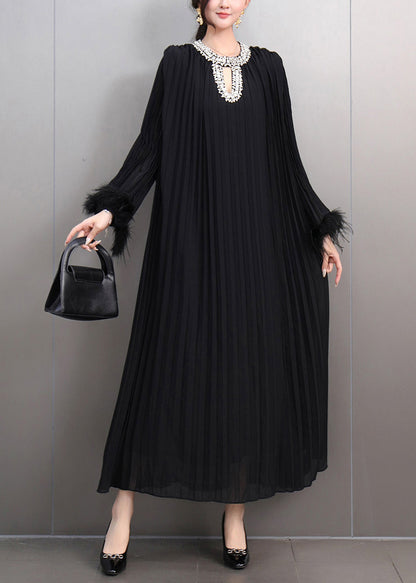 Italian Red O-neck Wrinkled Patchwork Zircon Maxi Dresses Spring
