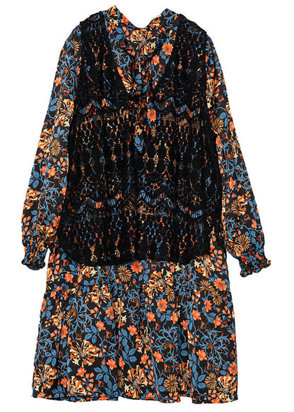 Style Black V Neck Print Chiffon Shirt Dress and Vest Two Piece Set Spring