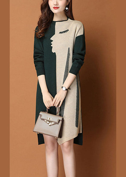 Green Patchwork Asymmetrical Design Slim Fit Fall Sweater Dress