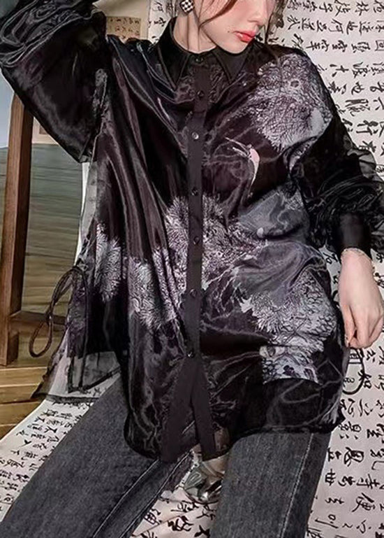 Black Peter Pan Collar Print Tulle Patchwork Silk Shirts Long Sleeve
