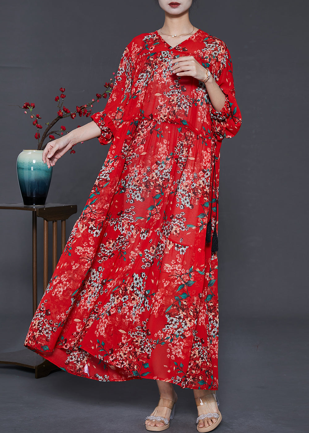 Red Cinched Print Chiffon Vacation Dresses Summer