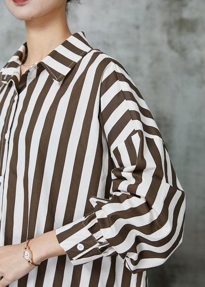 Khaki Oversized Striped Cotton Shirt Tops Spring