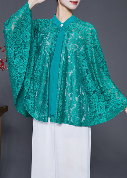 Green Hollow Out Lace Upf 50+ Smock Batwing Sleeve