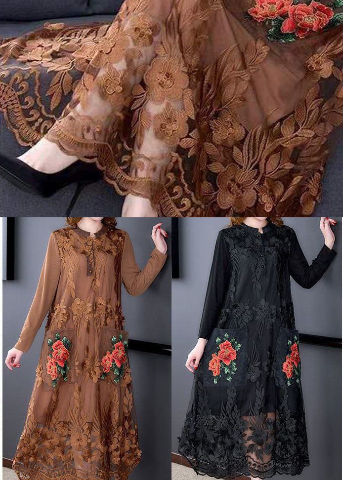 Black O-neck Embroideried Tulle Long Dresses Spring