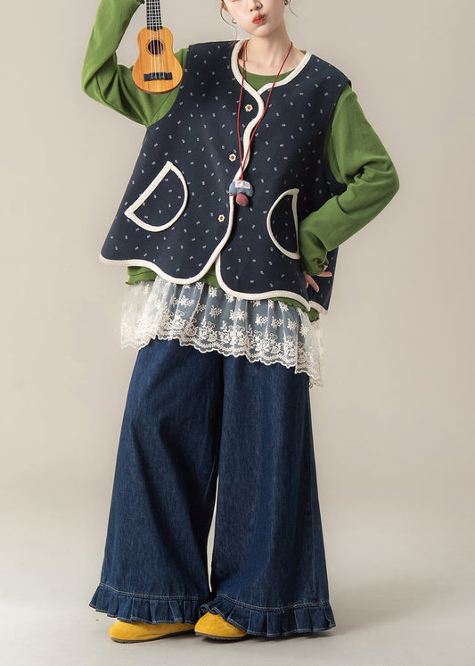 Navy Print Vest T Shirt and Pants Cotton Three Pieces Set Spring