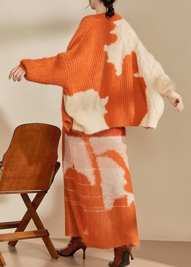 Orange Print Ma Hai Mao Knitted Two Piece Set Outfits Fall
