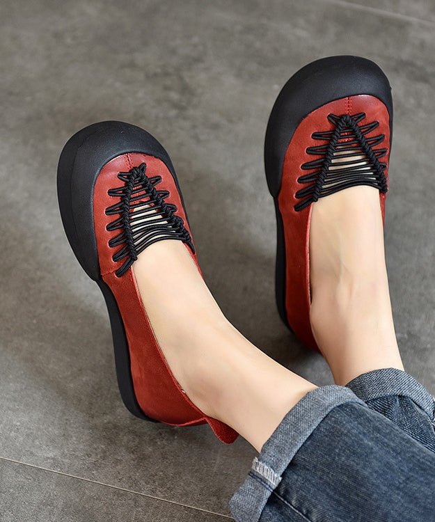 Comfortable Red Cowhide Leather Splicing Flat Feet Shoes