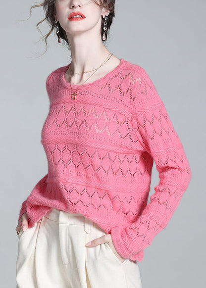 Simple Pink Hollow Out Wool Knit Sweater Winter
