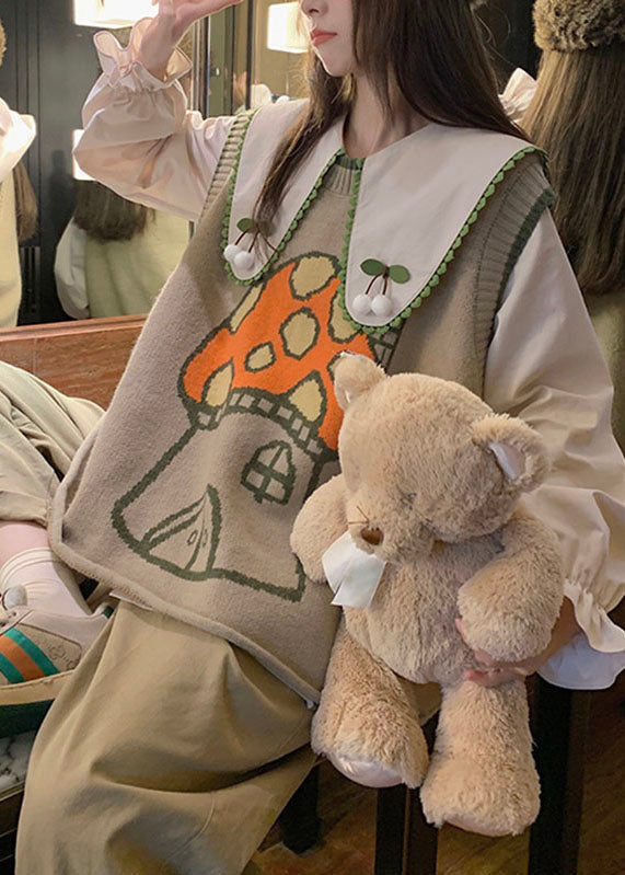 Novelty Khaki Print Knit Waistcoat and Shirts Two Piece Set Fall