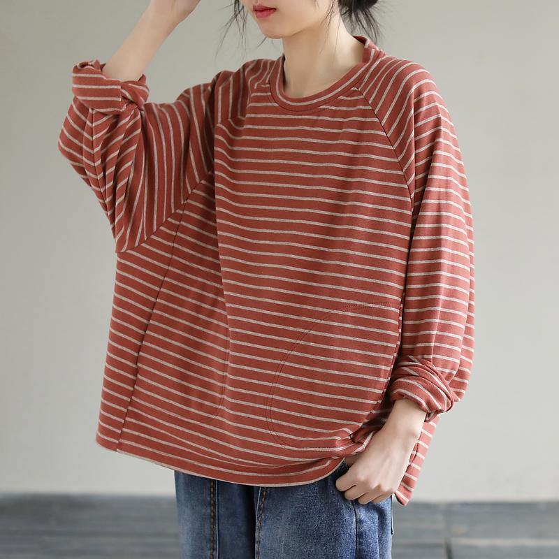 Diy Red Cotton Crane Tops Striped Cotton Spring Sweatshirt
