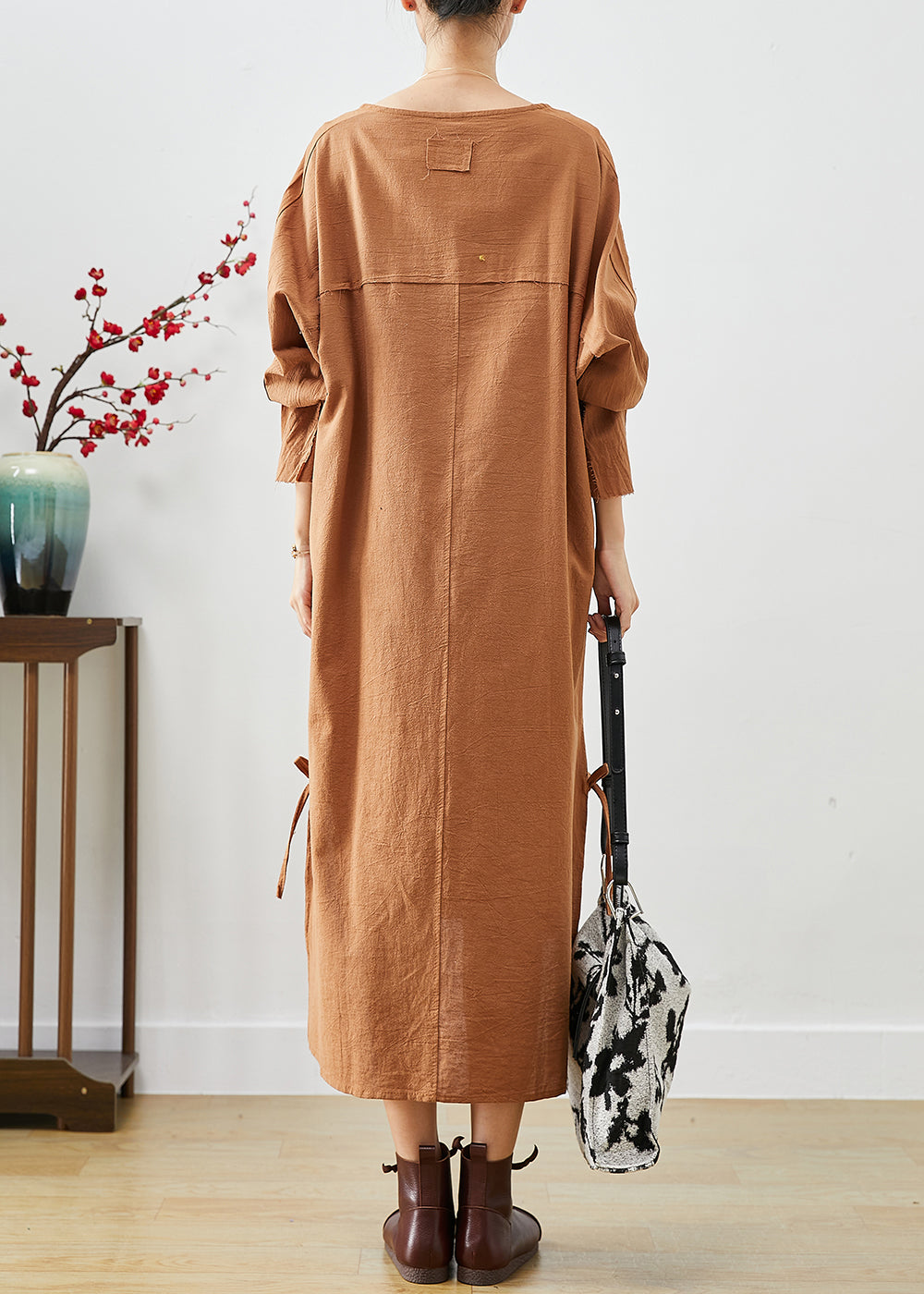 Diy Khaki Oversized Lace Up Linen Long Dress Fall