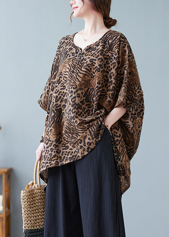 Leopard Yellow O-neck Print T Shirt Batwing Sleeve