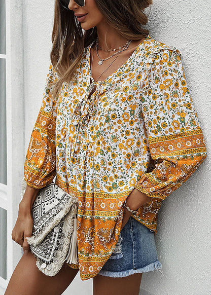 Yellow V Neck Lace Up Print Patchwork Cotton Top Long Sleeve