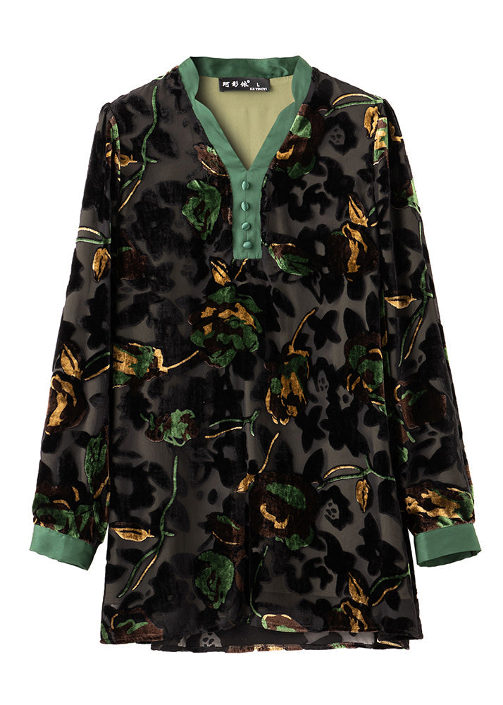 V Neck Print Hollow Out Button Velour Tops Long Sleeve