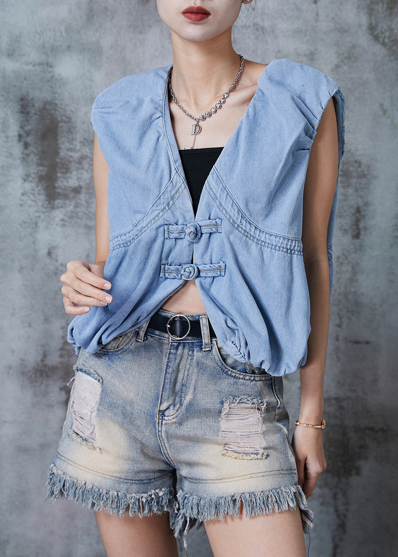 Art Light Blue Chinese Button Drawstring Denim Vests Summer