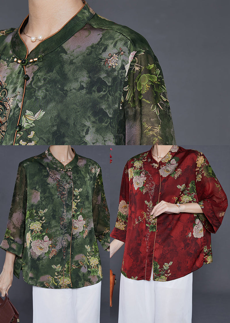 Red Print Silk Shirts Mandarin Collar Summer