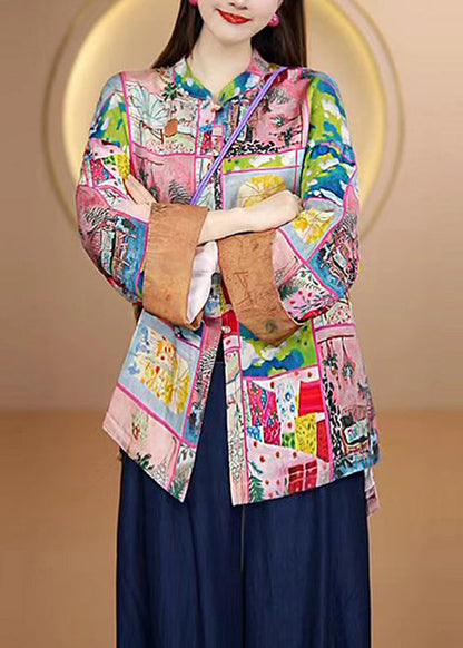 Chinese Style O-neck Print Loose Silk Coat Fall