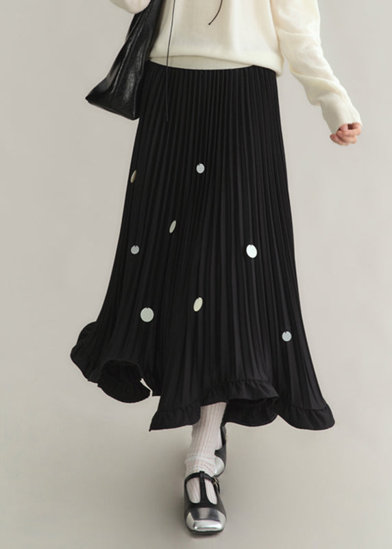 Black Ruffled Sequins Dot Maxi Skirts Spring