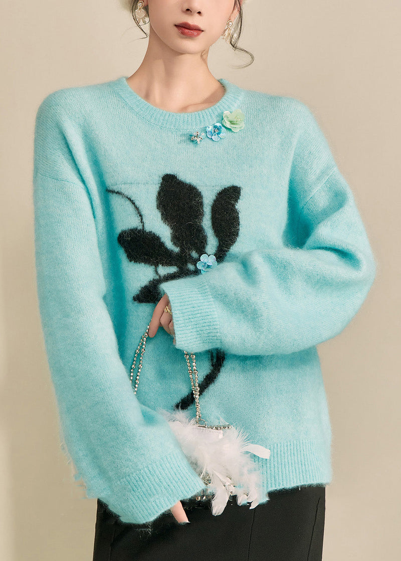 Natural Blue Print Cozy Cotton Knit Sweaters Fall