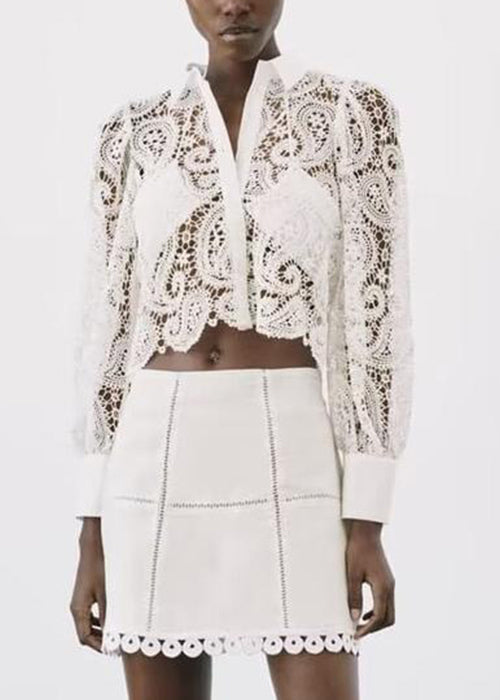 White Peter Pan Collar Hollow Out Lace Shirt Fall