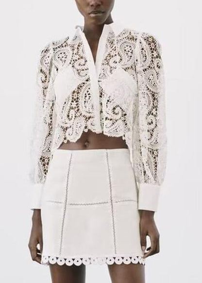White Peter Pan Collar Hollow Out Lace Shirt Fall