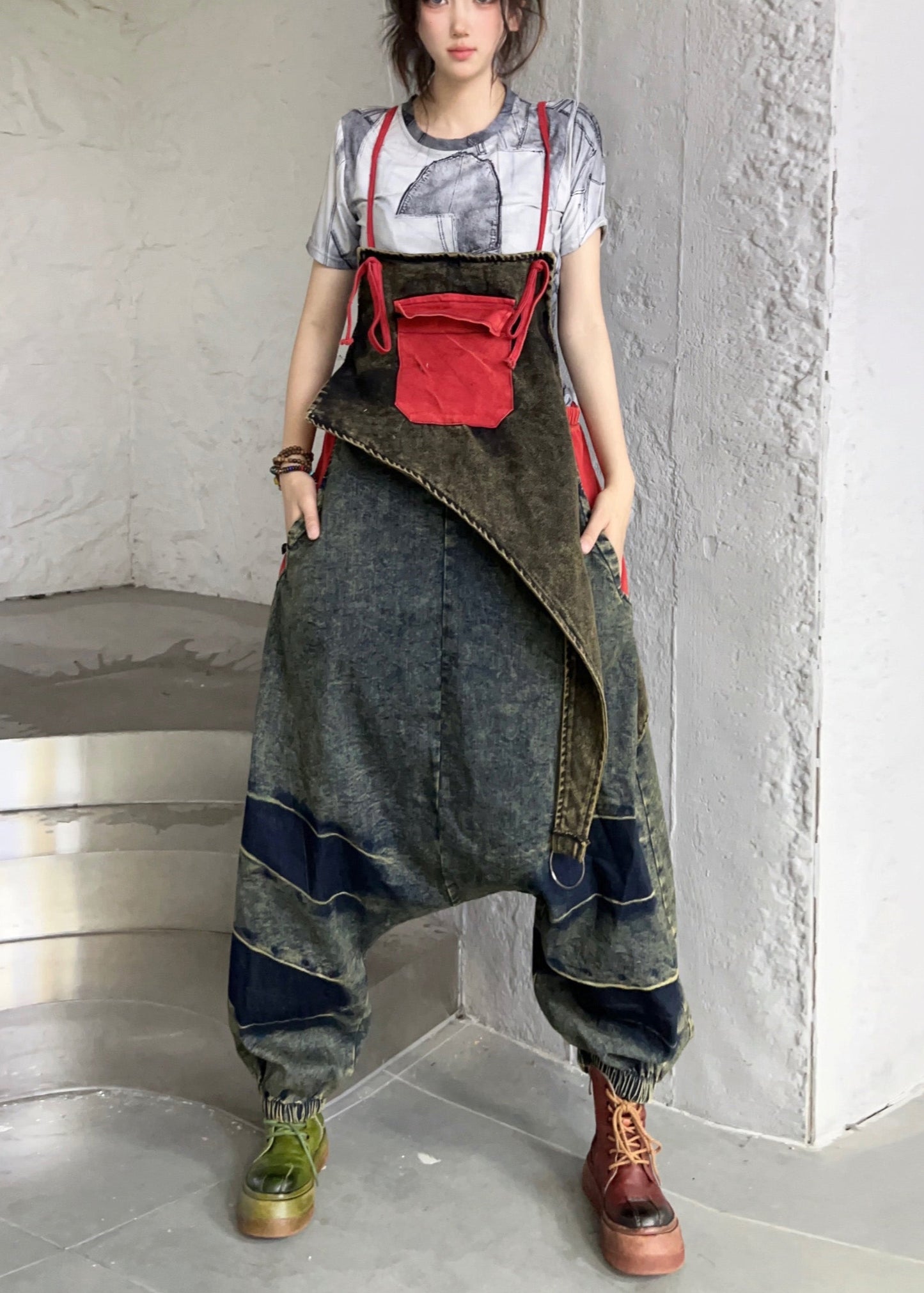 Black Pockets High Waist Patchwork Denim Jumpsuit Sleeveless