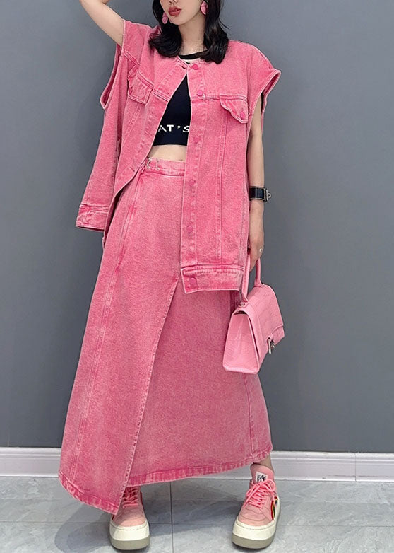 Pink Vest and Skirts Denim Two Piece Set Clothing Summer