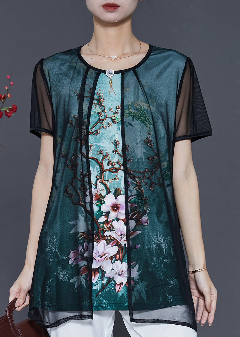 Green Flower Tulle Fake Two Piece Shirt Tops Summer