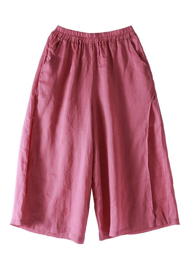 Pink Elastic Waist Pockets Linen Wide Leg Pants Spring