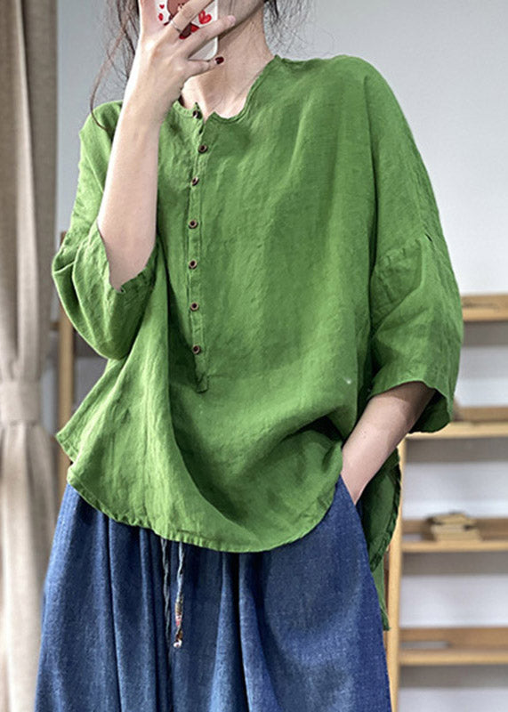 Green Button Side Open Cotton Blend Top Three Quarter Sleeve