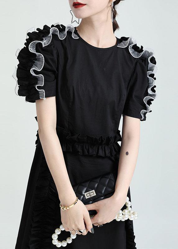 Black O-neck Asymmetrical Design Patchwork Summer Cotton Sundress
