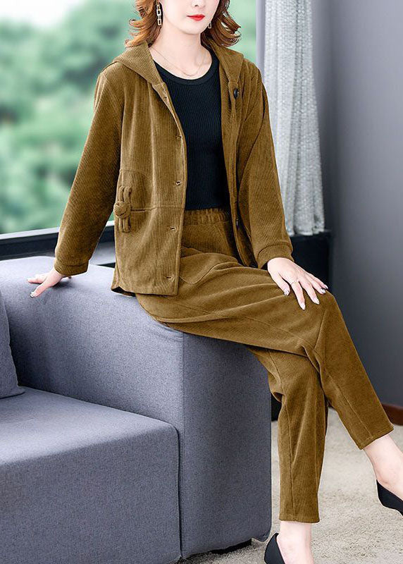 Boutique Yellow Hooded Pockets Corduroy Coats and Pants Two Pieces Set Long Sleeve