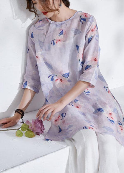 Grey Purple Side Open Print Summer Ramie Shirts Half Sleeve
